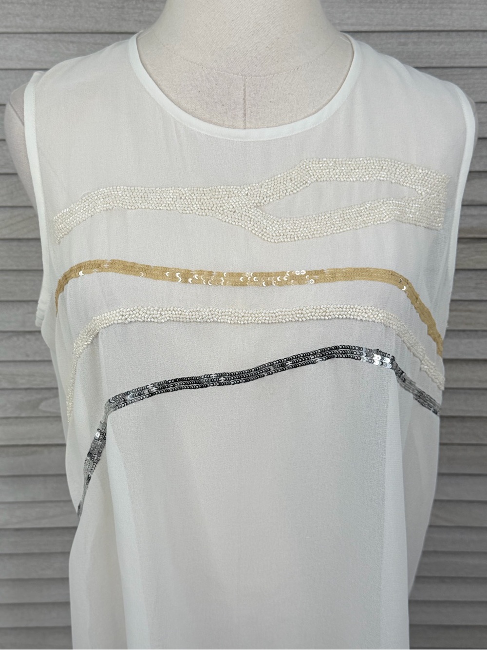 DKNYC Sleeveless Sheer Ivory Tank Top with Beading & Sequins -Small - Picture 2 of 4